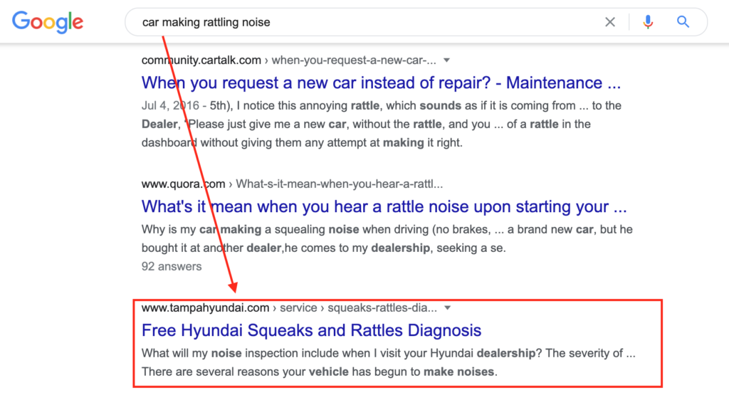 This screenshot shows a search for car rattling noise and the dealership that addresses that query in their content.