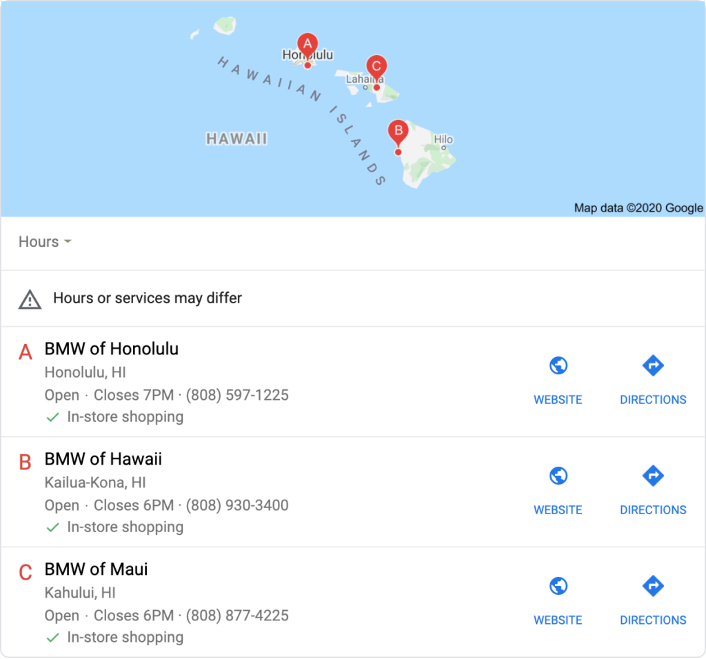 This screenshot shows the Google 3-pack that appears for BMW Hawaii