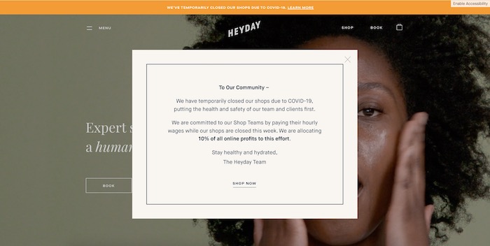 Screenshot of HeyDay's Homepage Detailing How They're Helping Employees During Coronavirus.