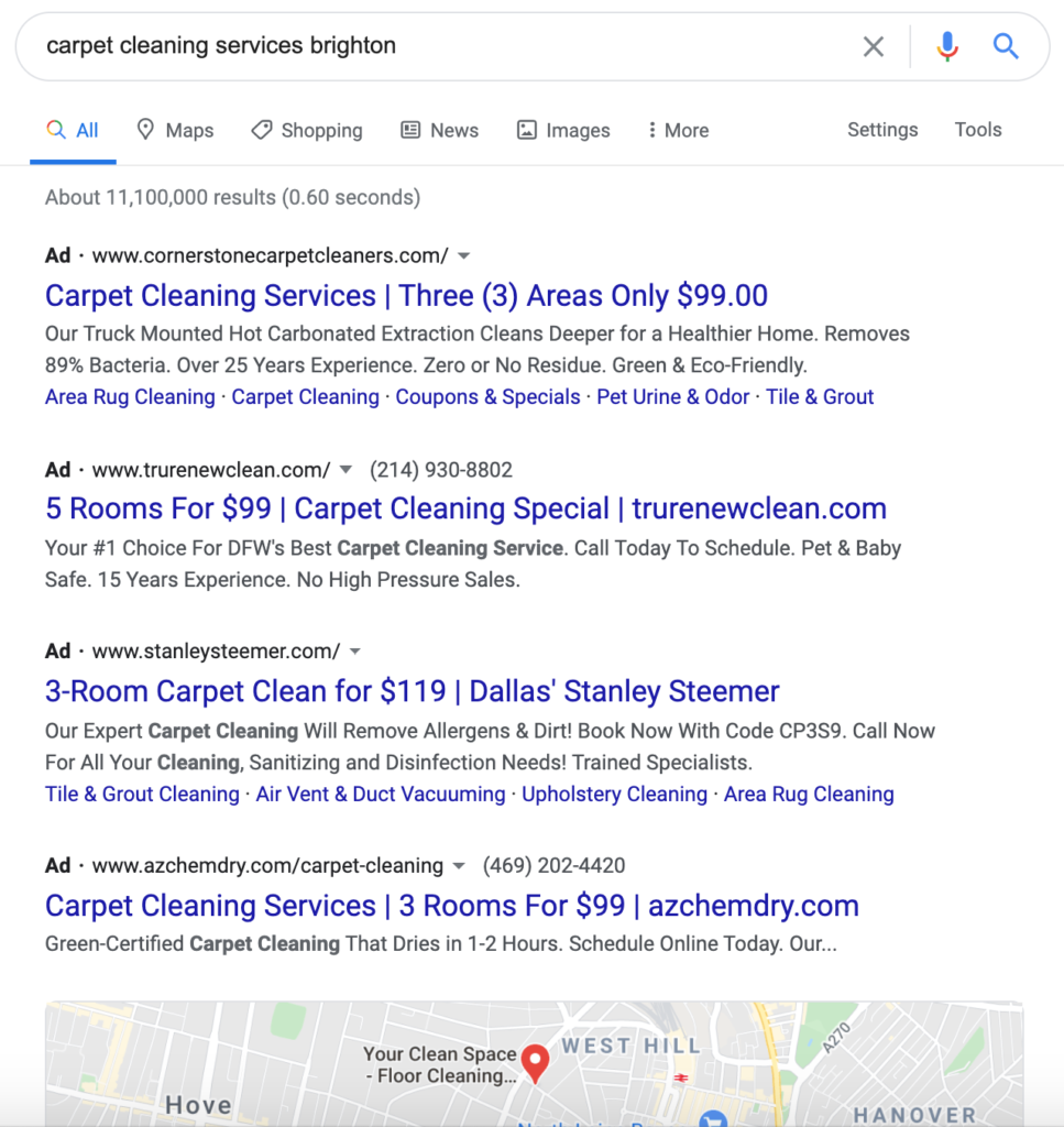 Marketing strategy for small businesses - This example shows how paid search ads on Google take up the whole top of the page.