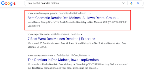 The results after the Map Pack include a mix of local listings and dental websites.