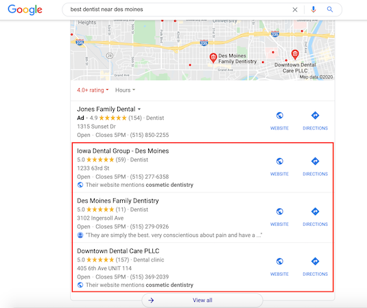The local map pack appears after PPC ads on Google and can also contain local PPC ads.