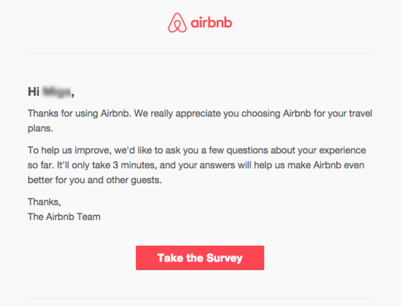 This example email marketing message shows how airbnb is nurturing leads by asking for feedback.