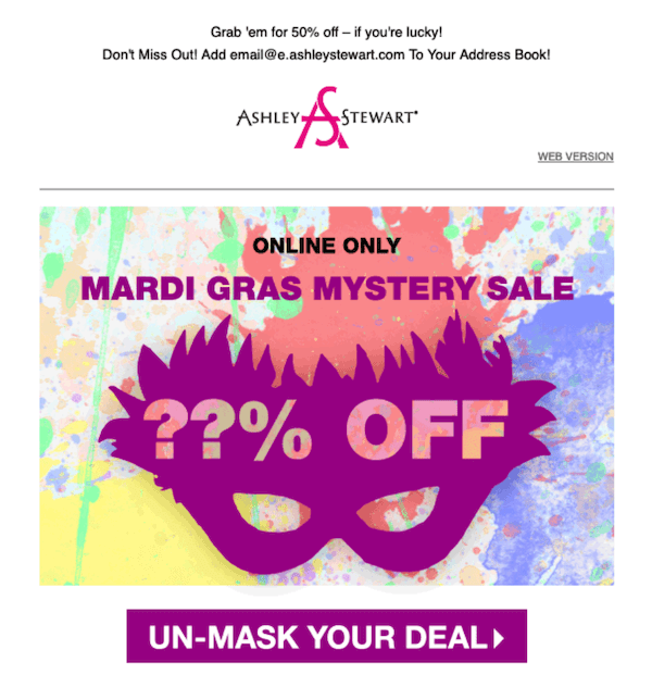march email newsletter example with mardi gras mystery sale