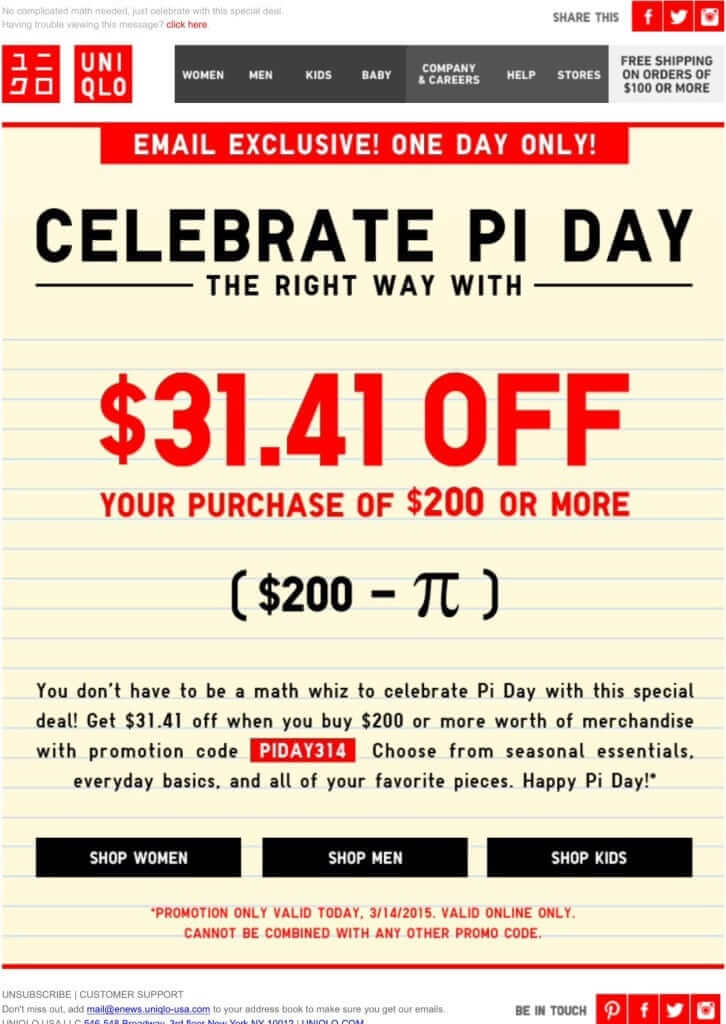 march newsletter example with a pi day discount