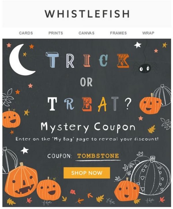 october email newsletter example with a trick or treat mystery coupon
