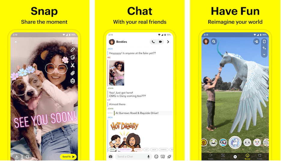 Snapchat is a social media app that lets you share pictures, videos, and messages with friends and brands.