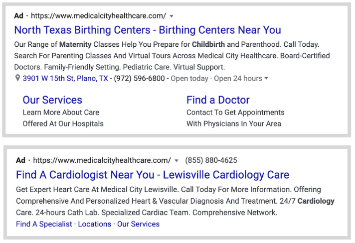 healthcare ppc advertising - run ads for different service lines - example