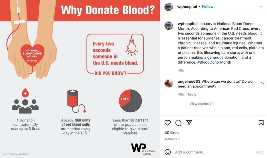 january social media holidays - instagram post about why donate blood from hospital