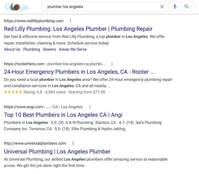 local search marketing - screenshot of search results for plumber los angeles search