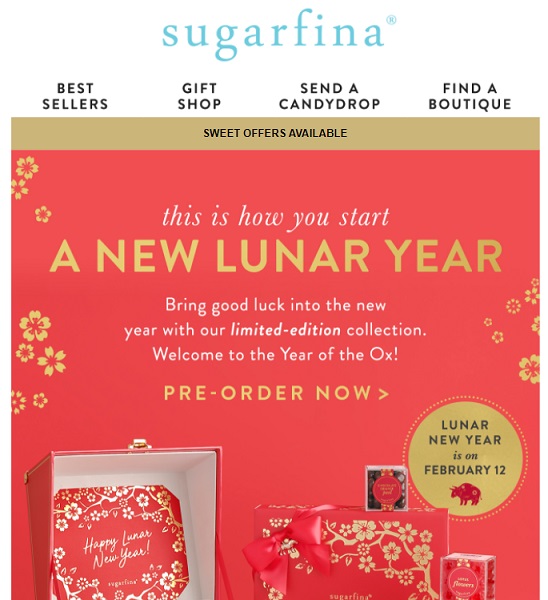 february email subject line ideas - lunar new year sugarfina email example
