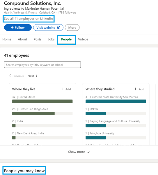linkedin company page - employee list small busieness example