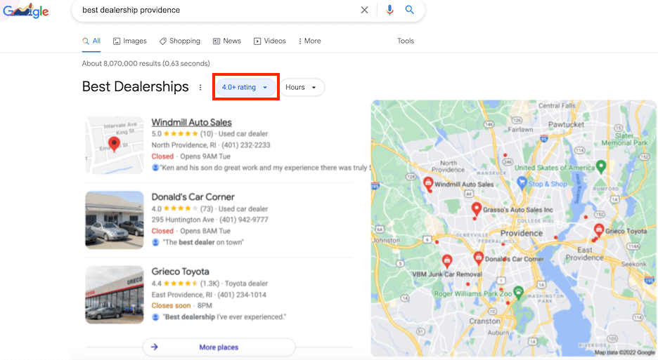 local seo for multiple locations - example of map pack for best dealerships providence google search