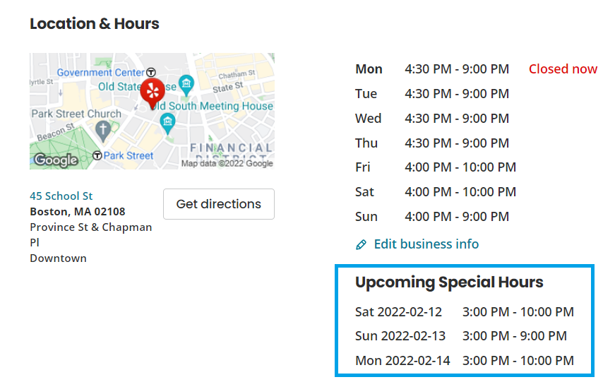 valentines day marketing ideas - yelp special hours example