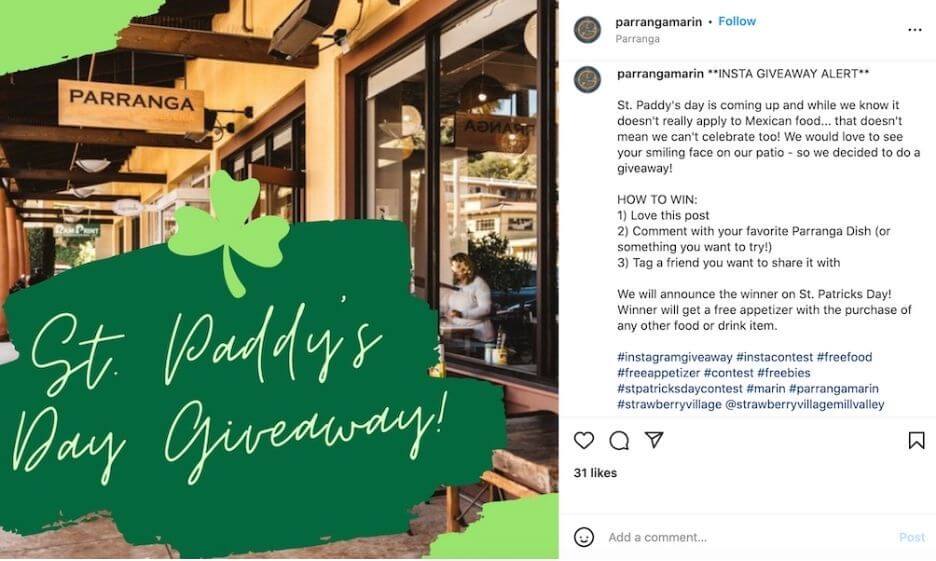 st patricks marketing ideas - social media contest example for st patricks day on instagram