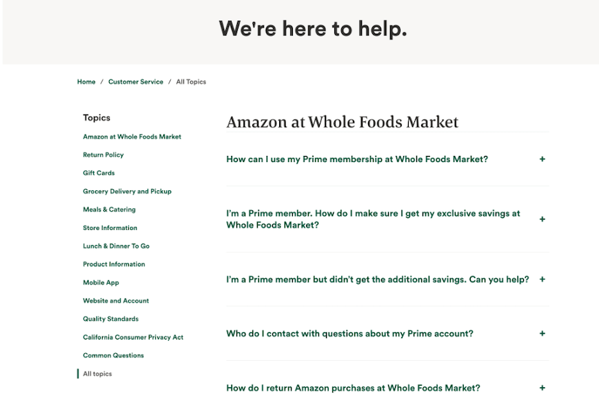 faq page example from retailer whole foods