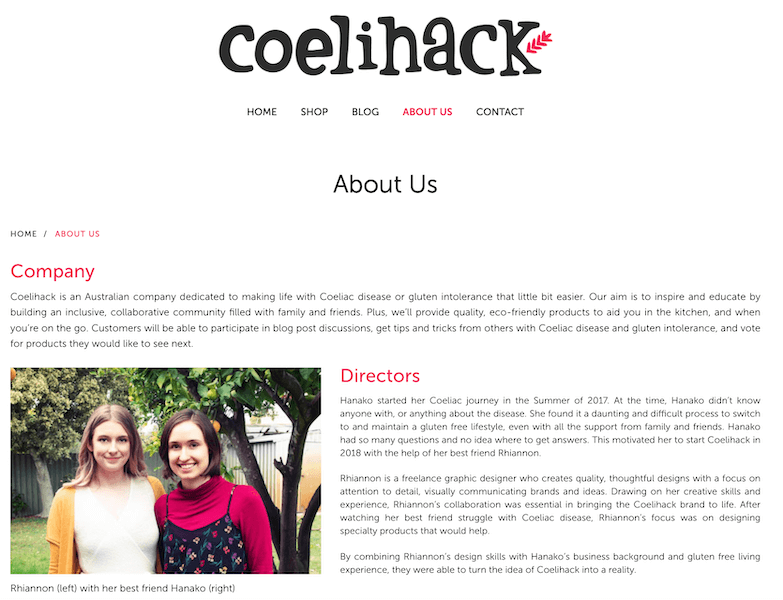 small business website design example - coelihack about us page