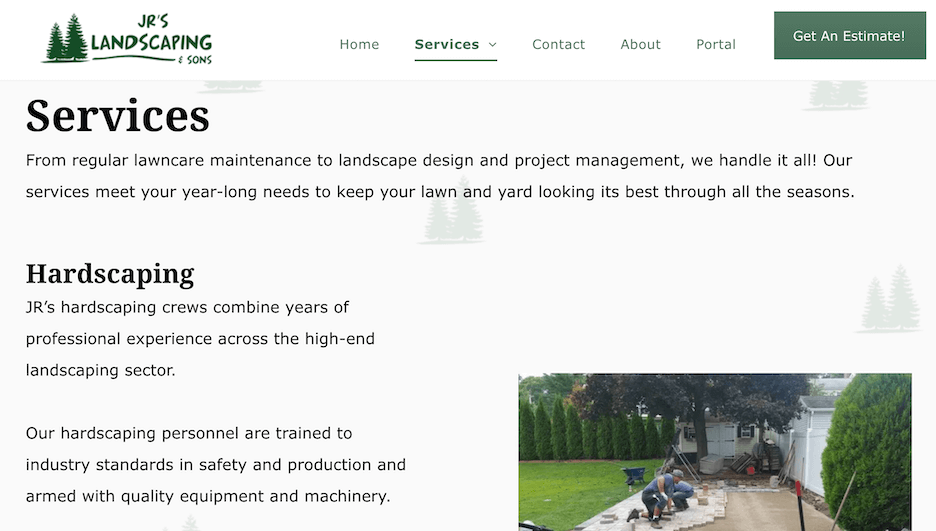small business website design example - jrs landscaping has defined services pages 